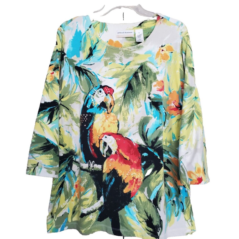 Alfred Dunner Woman Sequin Shimmer Parrot Tropical Print Knit Tunic Size 1X